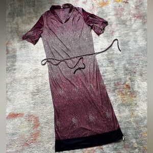 VINTAGE berry and navy geometric print midi dress with tie SABRA